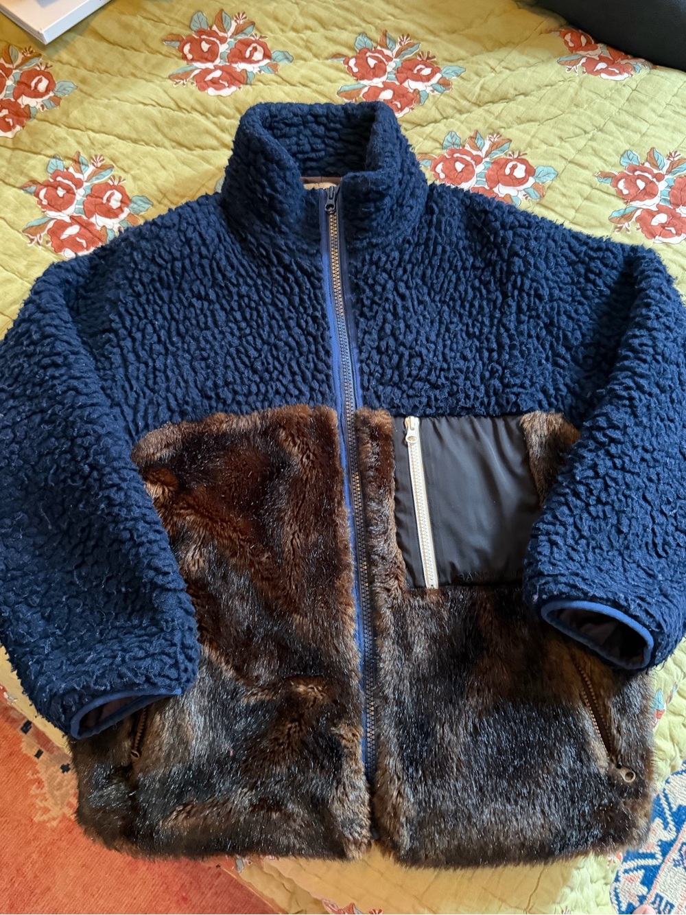Sandy Liang Navy Sherpa with Brown Faux Fur Fleece Zip Up